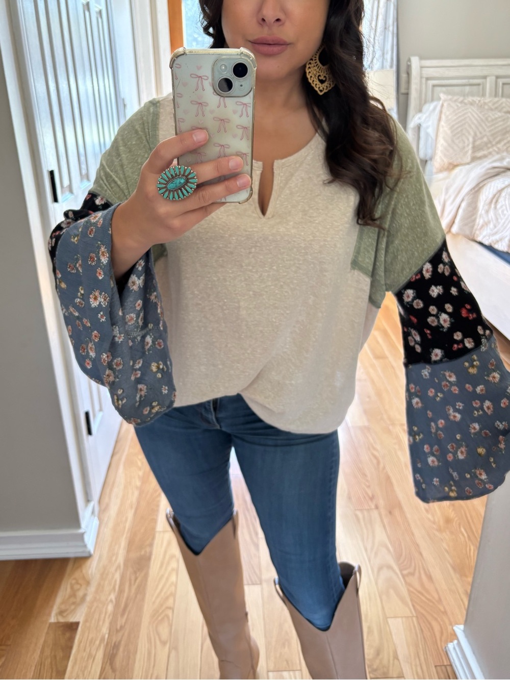 Peach love bell sleeve patchwork top